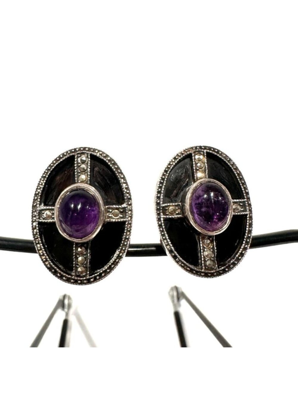 Vintage Judith Jack Amethyst, Black Onyx, & Marcasite Clip On/Pierced Earrings